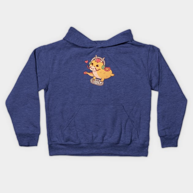 Cute Dragon Playing Video Games on Game Controller Kids Hoodie by rustydoodle